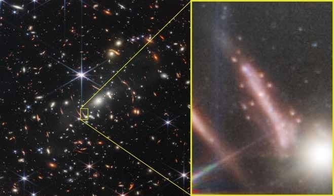 The image on the left is known as Webb’s First Deep Field and covers a piece of the sky that could be blocked out by a grain of sand held at arm’s length. The “Sparkler Galaxy” shown on the right can be seen thanks to gravitational lensing caused by a dense area of several galaxies (called galaxy cluster SMACS 0723) that is near the center of the image.