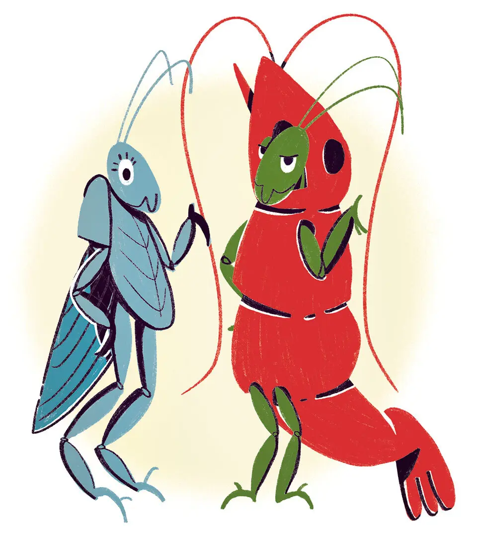 two grasshoppers, one in shrimp costume