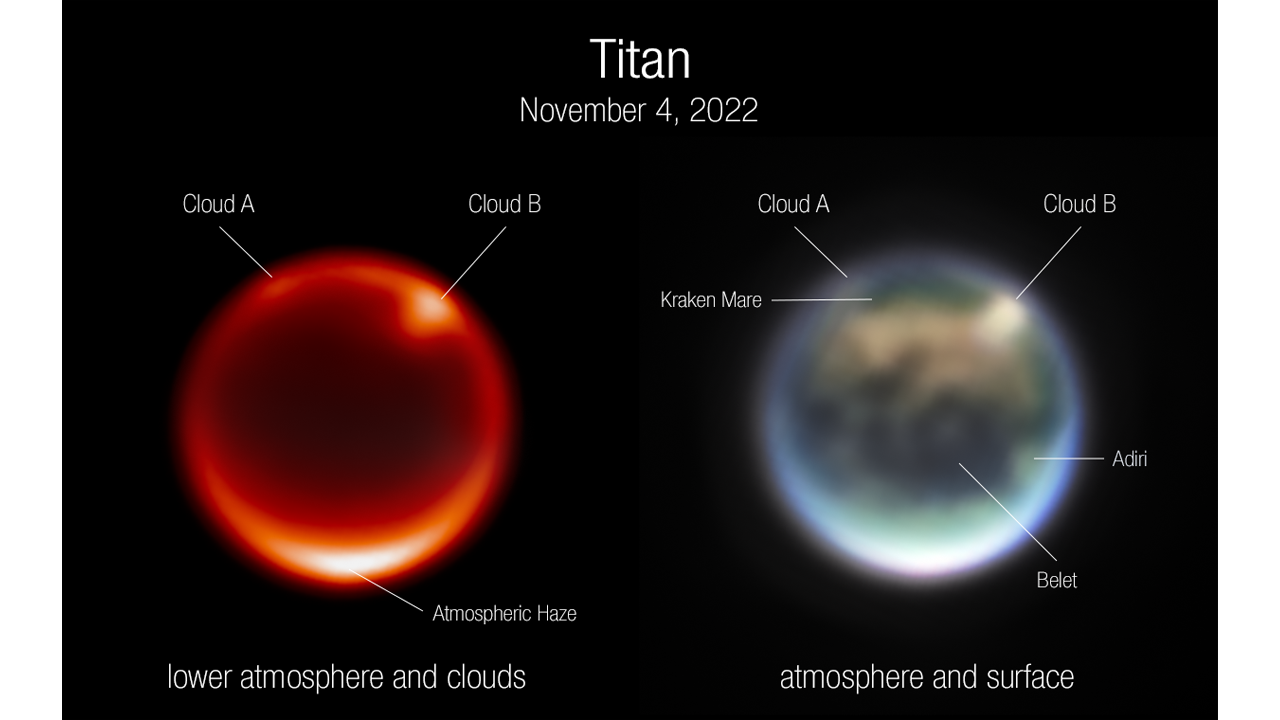 Two snapshots of Saturn’s moon Titan. The left image shows details of Titan’s lower atmosphere. Researchers identified the bright spots in the northern hemisphere as prominent clouds. The right image is a combination of multiple observations that detected different light.
