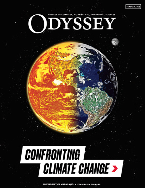 Cover of Odyssey Magazine, Summer 2022, showing an illustration of earth in space, glowing with heat on one side. The moon is in the background. Cover of Odyssey Magazine, Summer 2022, showing an illustration of earth in space, glowing with heat on one side. The moon is in the background.